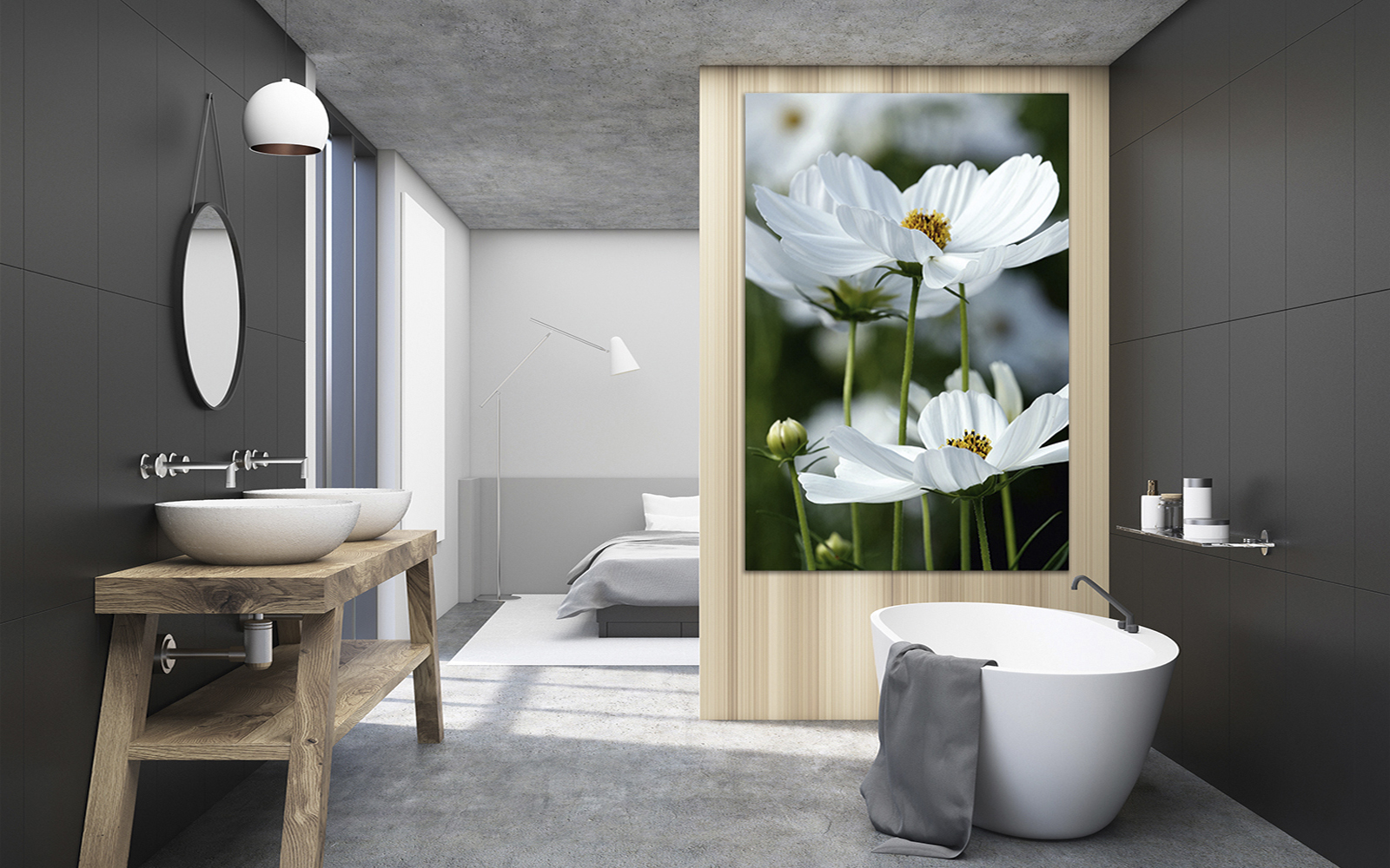 Badezimmer mit Badrückwand Blumen